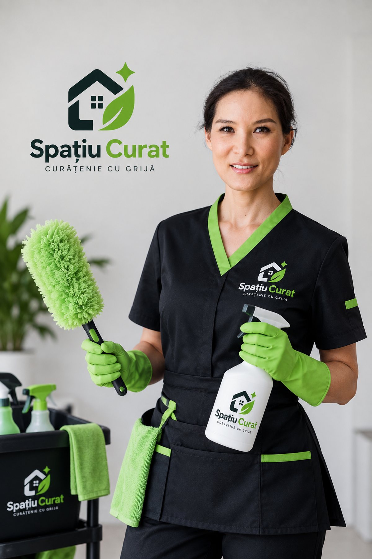 Menajeră Spațiu Curat cu echipament de curățenie